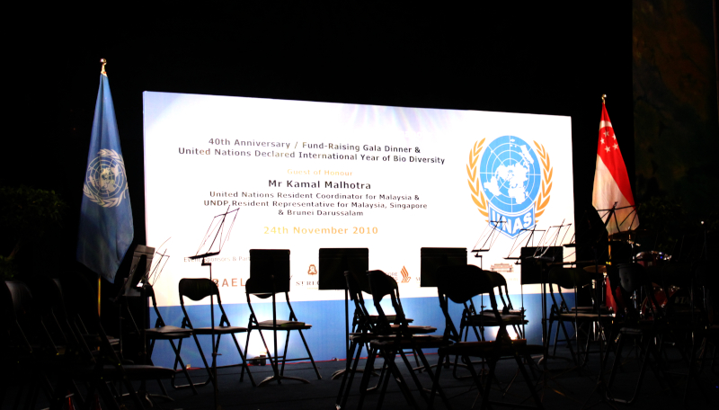 The stage at the UNAS 40th Anniversary Gala Dinner, set for speakers and entertainment