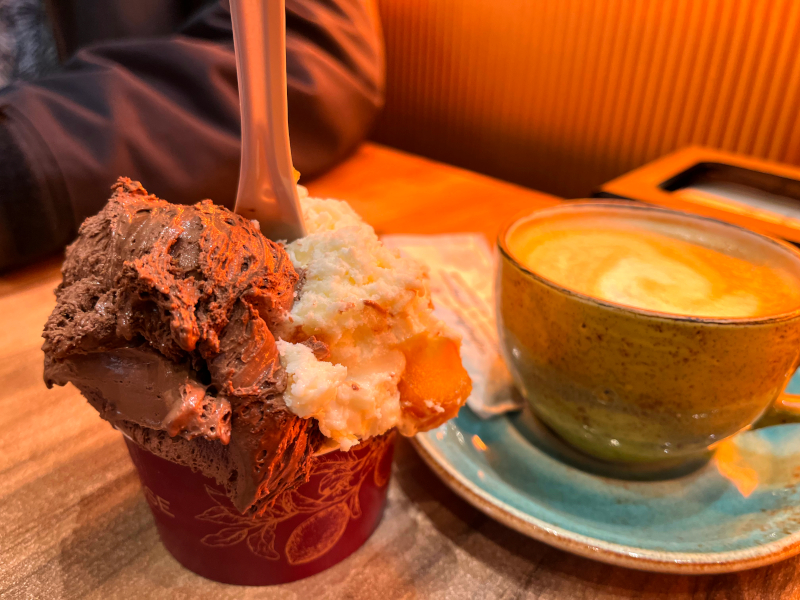 Chocolate and maracuyá gelato, Heladería Borgonesse, Rambla Méndez Núñez, January 2026
