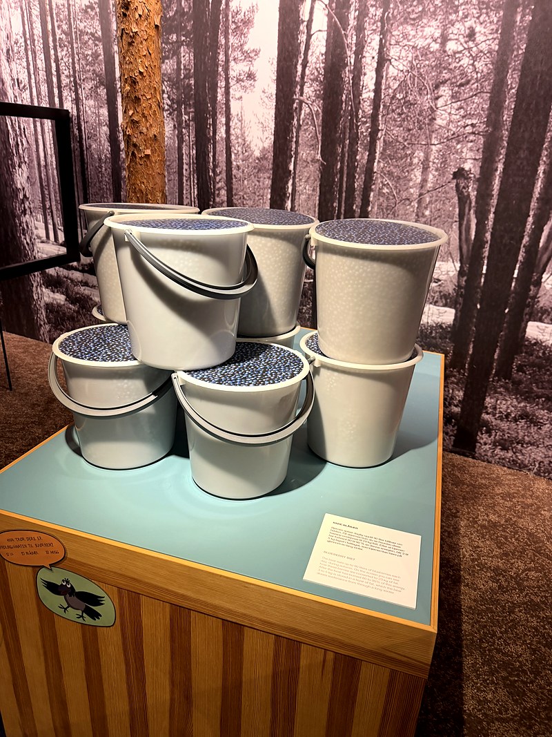 Stack of buckets showing a bear's daily blueberry intake